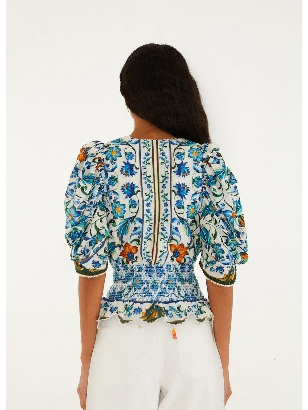 Farm Rio Flora Tile Smocked Blouse Blue Floral Puff Sleeve Top Women’s M